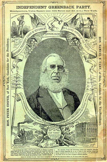 Peter Cooper's 1876 Greenback Party presidential campaign poster